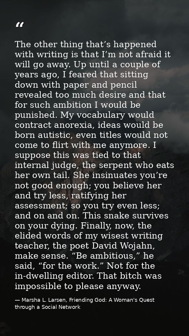 The other thing that’s happened with writing is that I’m not afraid it will go away. Up until a couple of years ago, I f — Marsha L. Larsen, Friending God: A Woman's Quest through a Social Network
