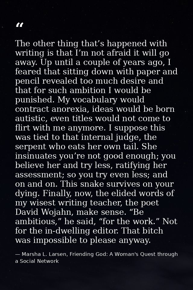 The other thing that’s happened with writing is that I’m not afraid it will go away. Up until a couple of years ago, I f — Marsha L. Larsen, Friending God: A Woman's Quest through a Social Network