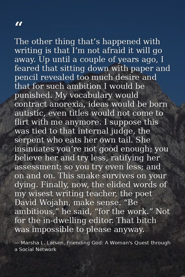 The other thing that’s happened with writing is that I’m not afraid it will go away. Up until a couple of years ago, I f — Marsha L. Larsen, Friending God: A Woman's Quest through a Social Network