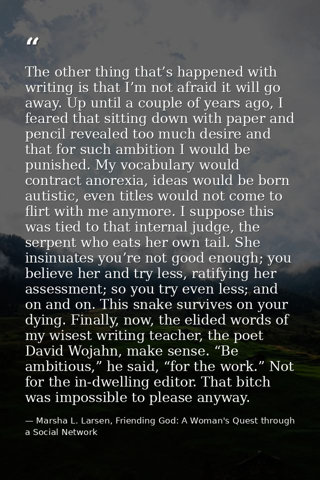 The other thing that’s happened with writing is that I’m not afraid it will go away. Up until a couple of years ago, I f — Marsha L. Larsen, Friending God: A Woman's Quest through a Social Network