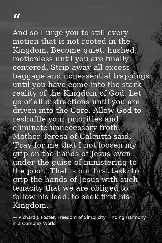 And so I urge you to still every motion that is not rooted in the Kingdom. Become quiet, hushed, motionless until you ar — Richard J. Foster, Freedom of Simplicity: Finding Harmony in a Complex World