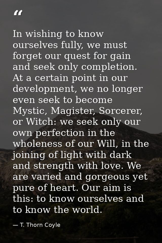 In wishing to know ourselves fully, we must forget our quest for gain and seek only completion. At a certain point in ou — T. Thorn Coyle