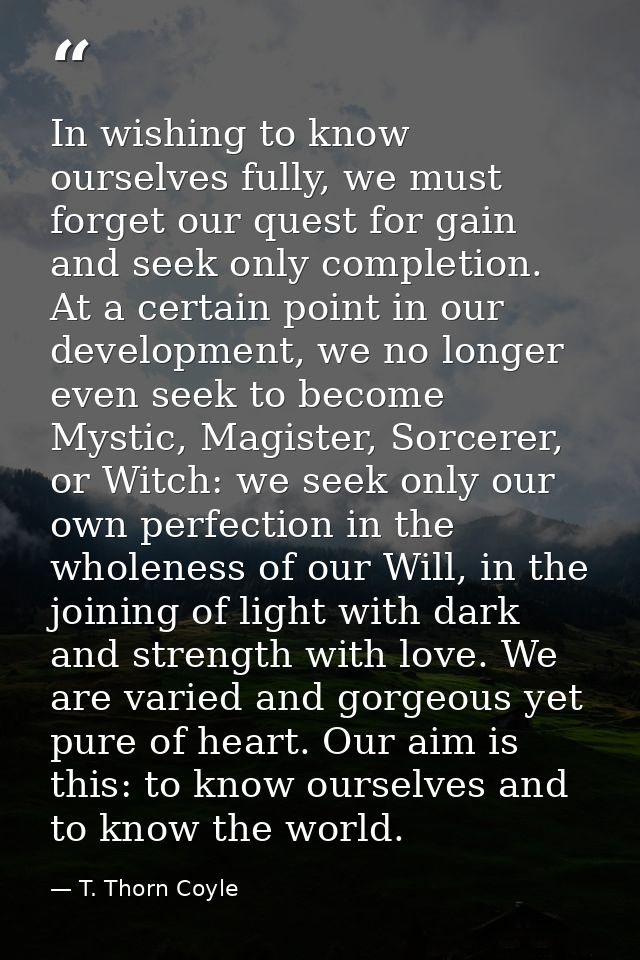 In wishing to know ourselves fully, we must forget our quest for gain and seek only completion. At a certain point in ou — T. Thorn Coyle