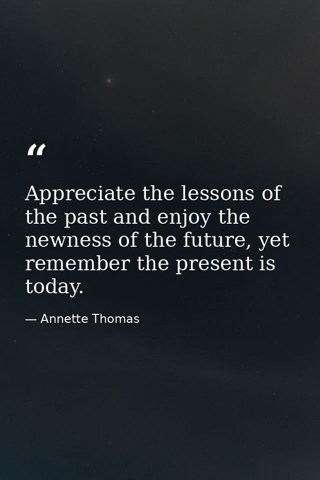 Appreciate the lessons of the past and enjoy the newness of the future, yet remember the present is today. — Annette Thomas
