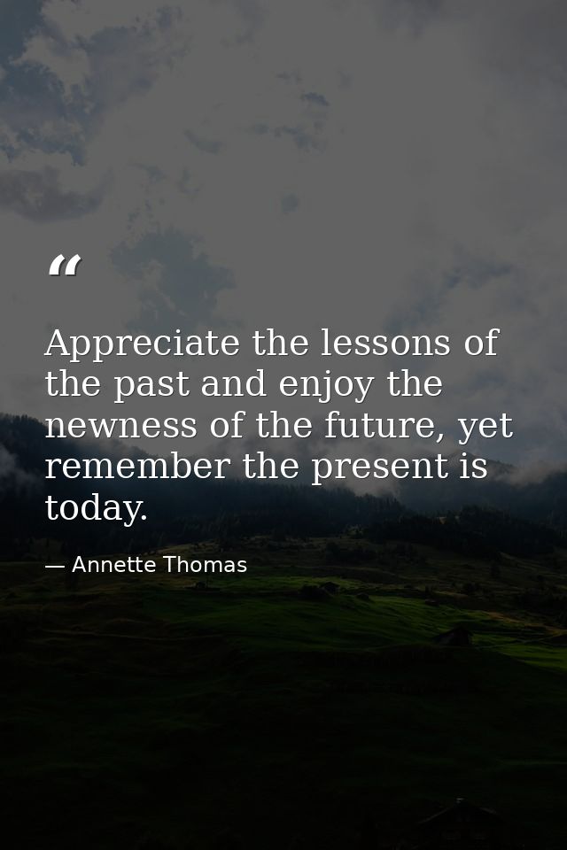 Appreciate the lessons of the past and enjoy the newness of the future, yet remember the present is today. — Annette Thomas