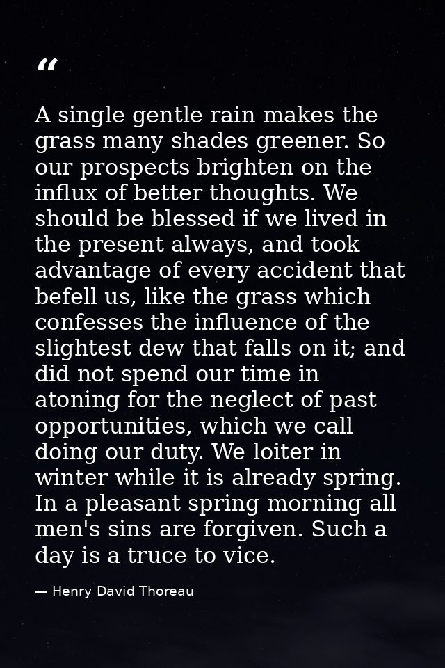 A single gentle rain makes the grass many shades greener. So our prospects brighten on the influx of better thoughts. We — Henry David Thoreau