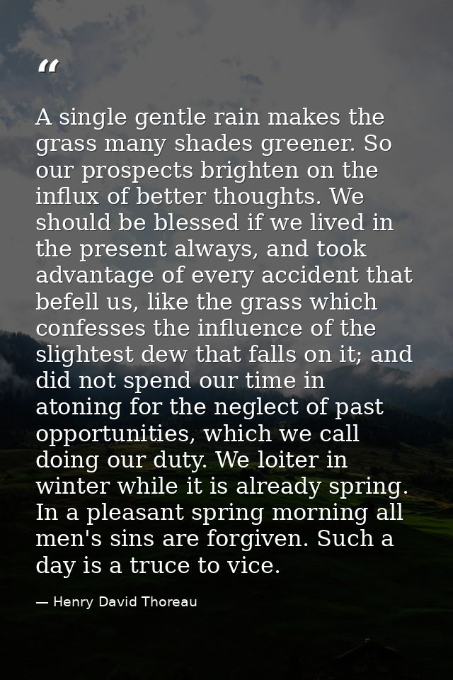 A single gentle rain makes the grass many shades greener. So our prospects brighten on the influx of better thoughts. We — Henry David Thoreau