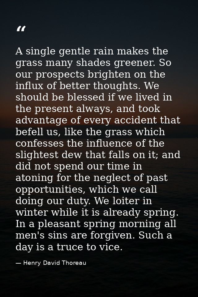 A single gentle rain makes the grass many shades greener. So our prospects brighten on the influx of better thoughts. We — Henry David Thoreau