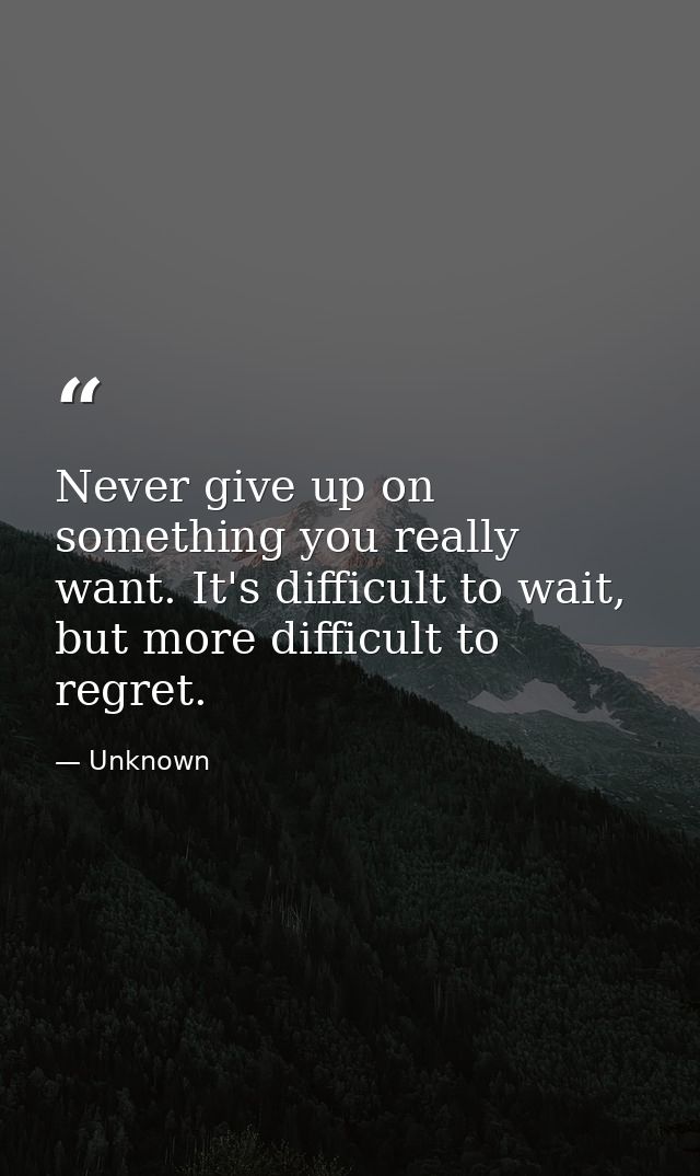 Never give up on something you really want. It's difficult to wait, but more difficult to regret. — Unknown