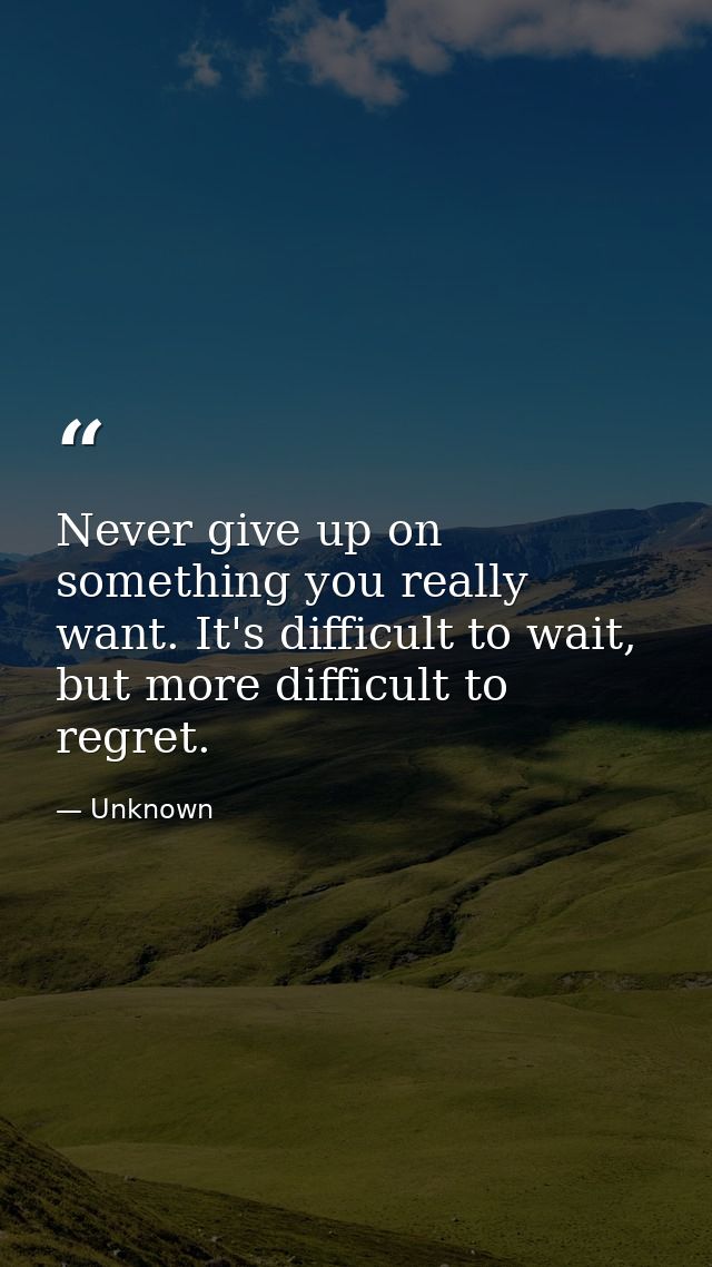 Never give up on something you really want. It's difficult to wait, but more difficult to regret. — Unknown
