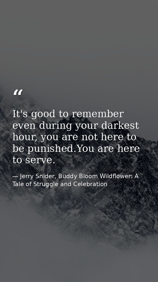 It's good to remember even during your darkest hour, you are not here to be punished.You are here to serve. — Jerry Snider, Buddy Bloom Wildflower: A Tale of Struggle and Celebration