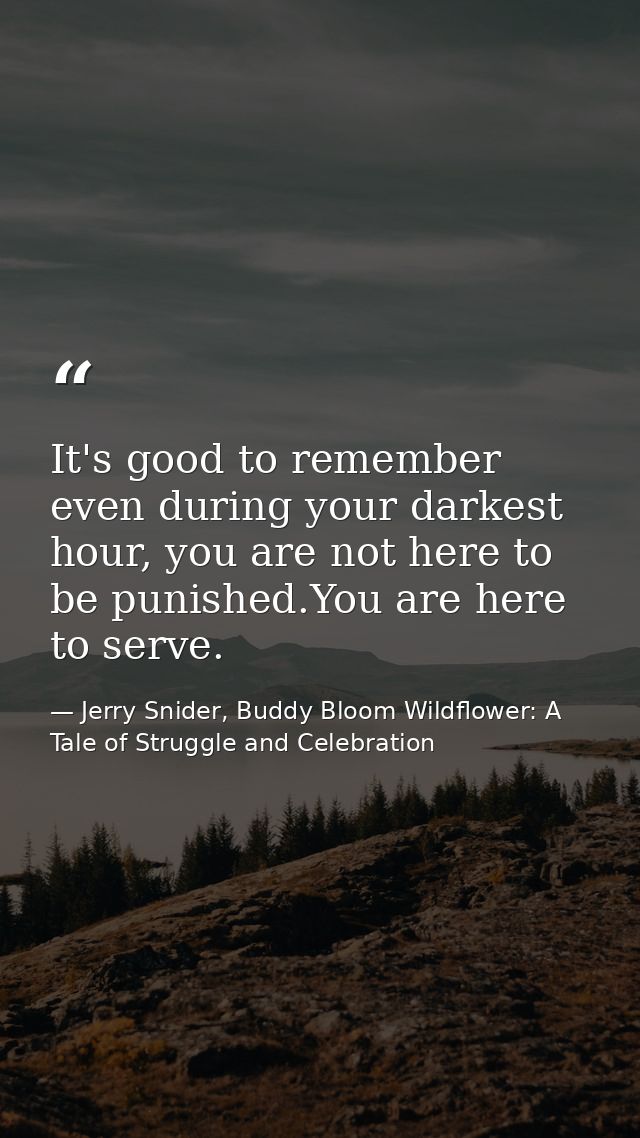 It's good to remember even during your darkest hour, you are not here to be punished.You are here to serve. — Jerry Snider, Buddy Bloom Wildflower: A Tale of Struggle and Celebration