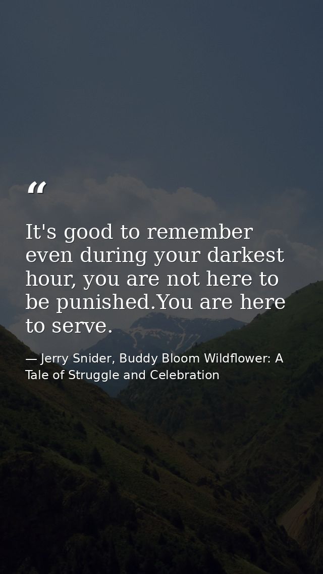It's good to remember even during your darkest hour, you are not here to be punished.You are here to serve. — Jerry Snider, Buddy Bloom Wildflower: A Tale of Struggle and Celebration