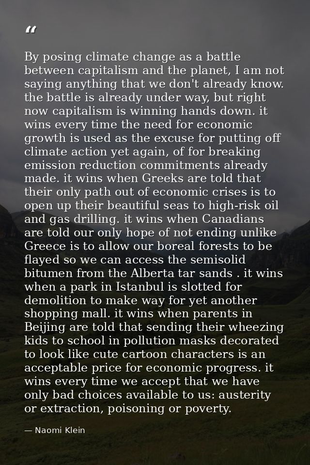 By posing climate change as a battle between capitalism and the planet, I am not saying anything that we don't already k — Naomi Klein