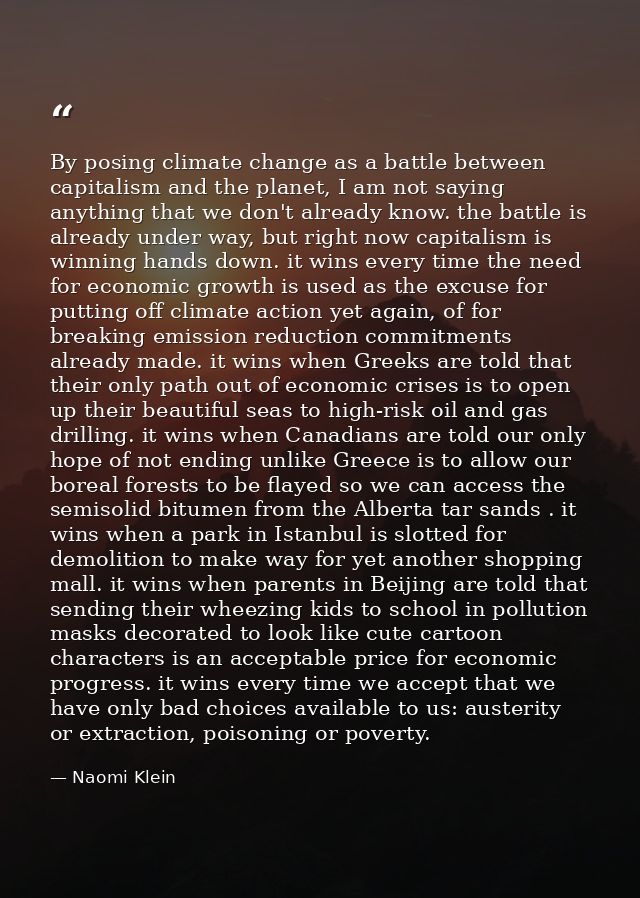 By posing climate change as a battle between capitalism and the planet, I am not saying anything that we don't already k — Naomi Klein