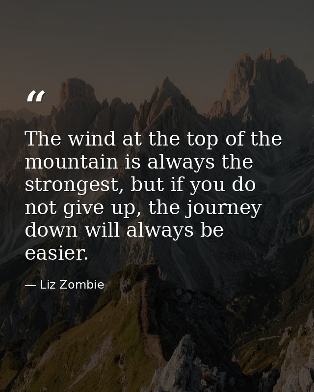 The wind at the top of the mountain is always the strongest, but if you do not give up, the journey down will always be  — Liz Zombie