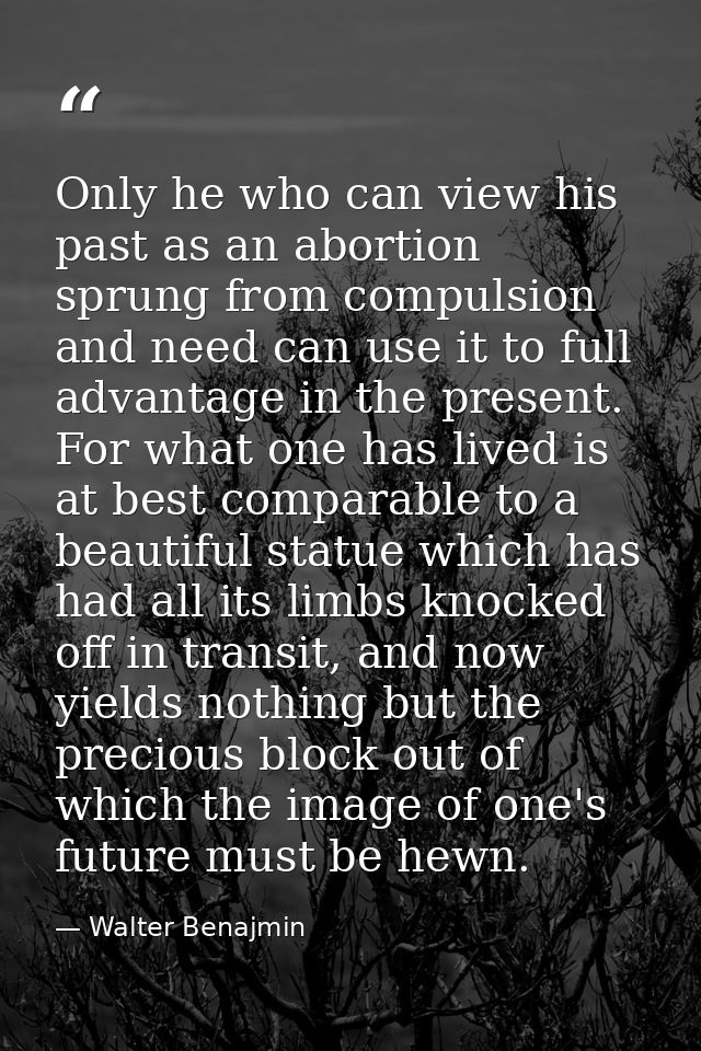 Only he who can view his past as an abortion sprung from compulsion and need can use it to full advantage in the present — Walter Benajmin