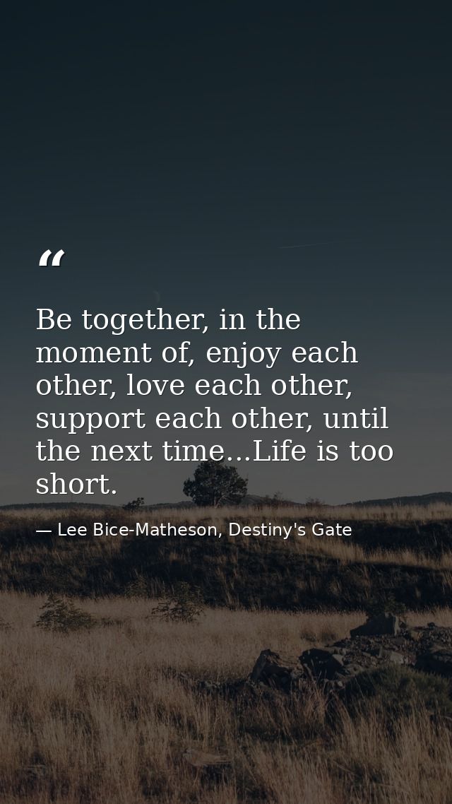 Be together, in the moment of, enjoy each other, love each other, support each other, until the next time...Life is too  — Lee Bice-Matheson, Destiny's Gate