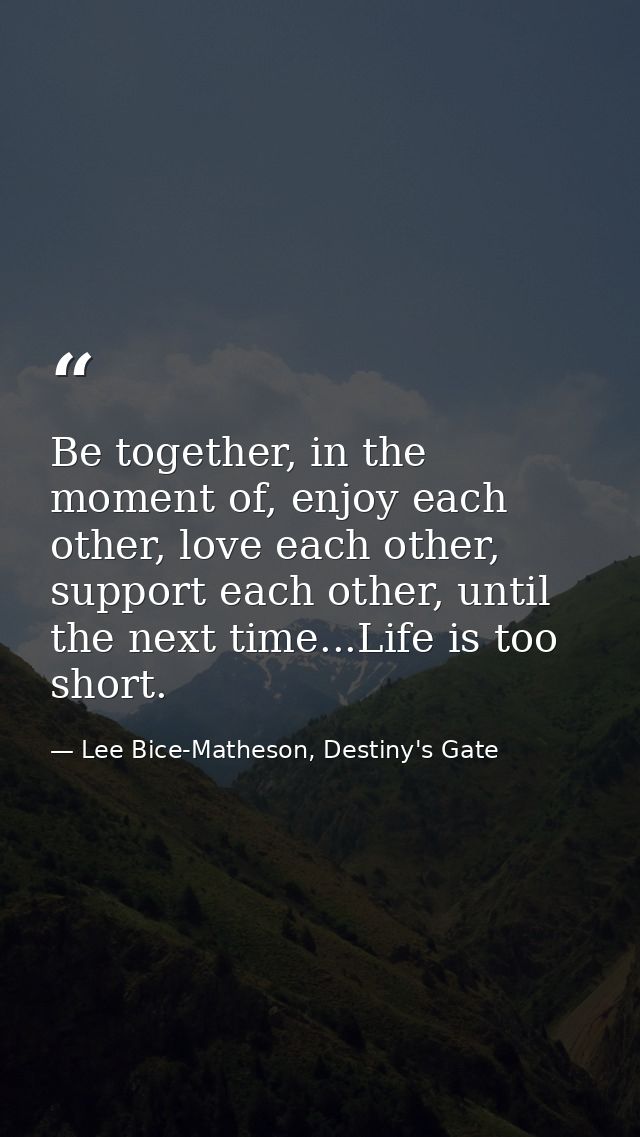 Be together, in the moment of, enjoy each other, love each other, support each other, until the next time...Life is too  — Lee Bice-Matheson, Destiny's Gate