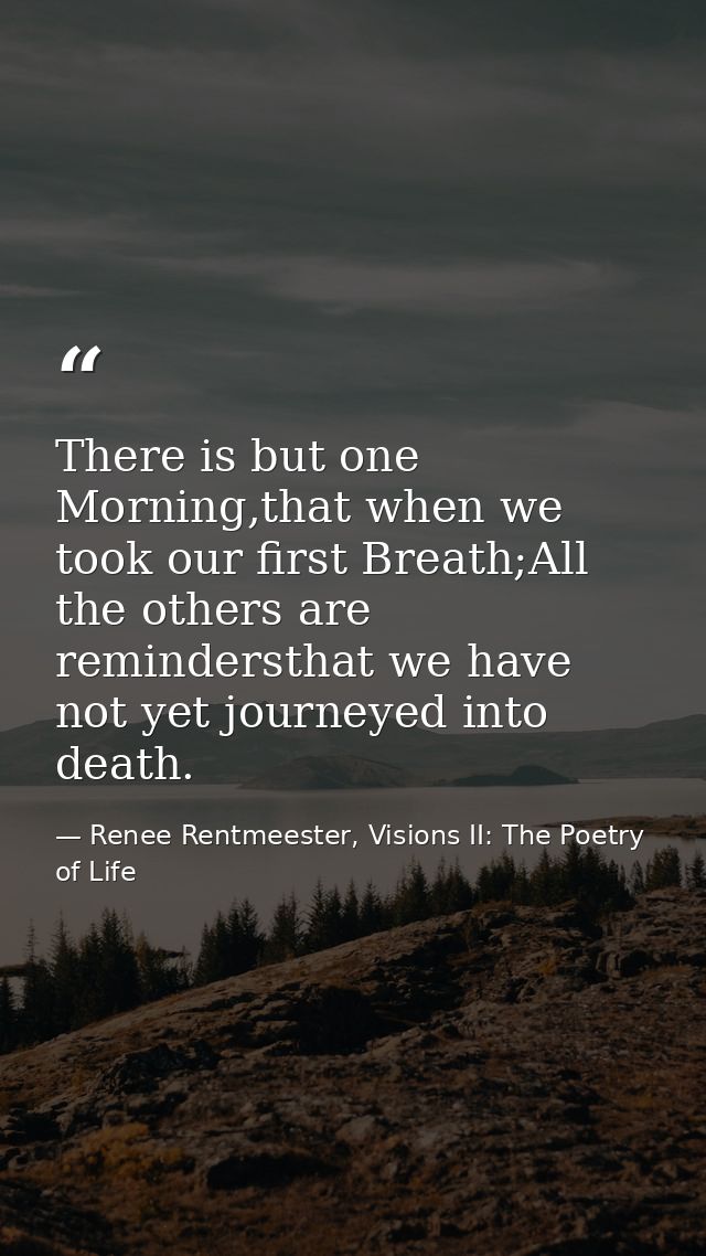 There is but one Morning,that when we took our first Breath;All the others are remindersthat we have not yet journeyed i — Renee Rentmeester, Visions II: The Poetry of Life