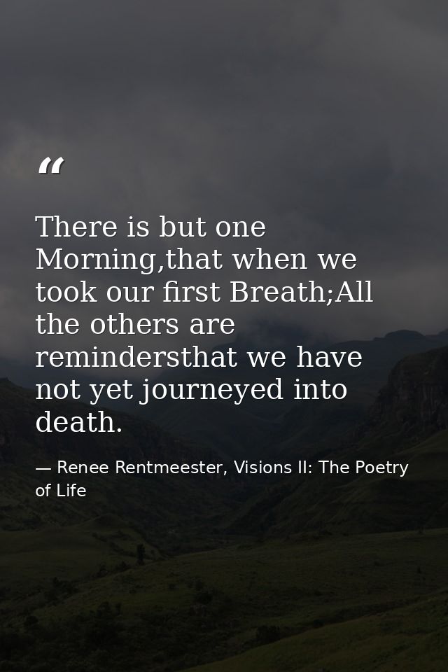 There is but one Morning,that when we took our first Breath;All the others are remindersthat we have not yet journeyed i — Renee Rentmeester, Visions II: The Poetry of Life