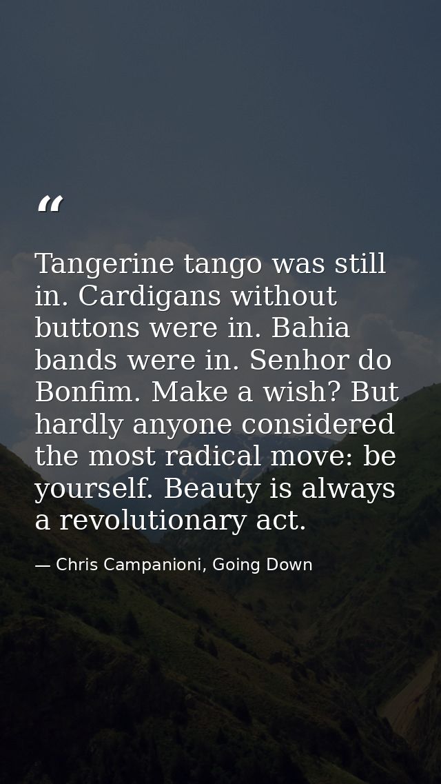 Tangerine tango was still in. Cardigans without buttons were in. Bahia bands were in. Senhor do Bonfim. Make a wish? But — Chris Campanioni, Going Down