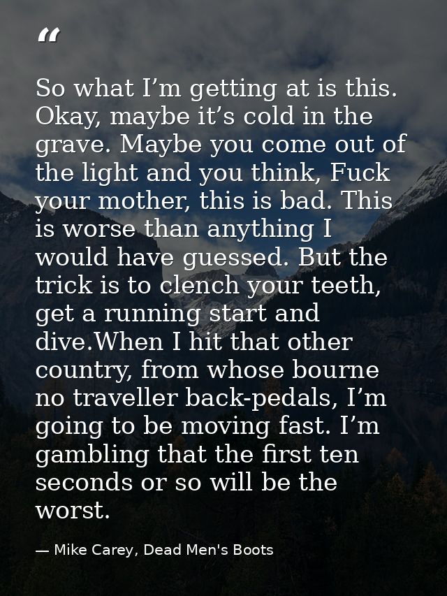 So what I’m getting at is this. Okay, maybe it’s cold in the grave. Maybe you come out of the light and you think, Fuck  — Mike Carey, Dead Men's Boots