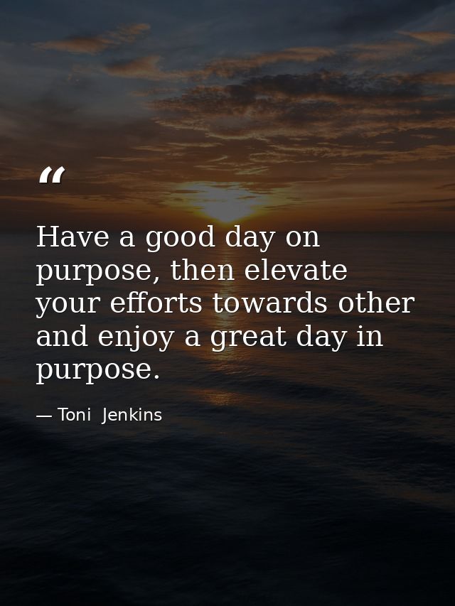 Have a good day on purpose, then elevate your efforts towards other and enjoy a great day in purpose. — Toni  Jenkins