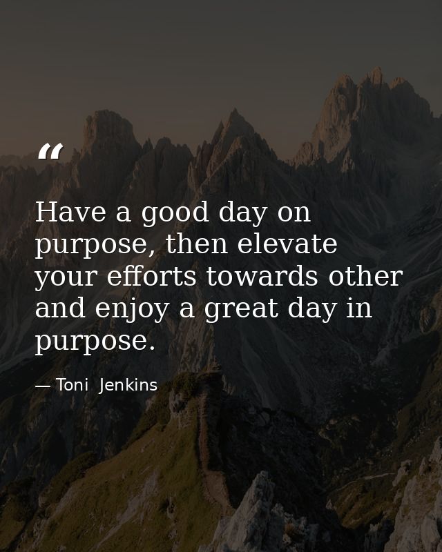 Have a good day on purpose, then elevate your efforts towards other and enjoy a great day in purpose. — Toni  Jenkins
