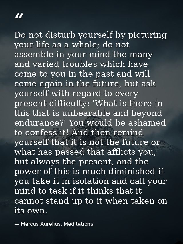 Do not disturb yourself by picturing your life as a whole; do not assemble in your mind the many and varied troubles whi — Marcus Aurelius, Meditations