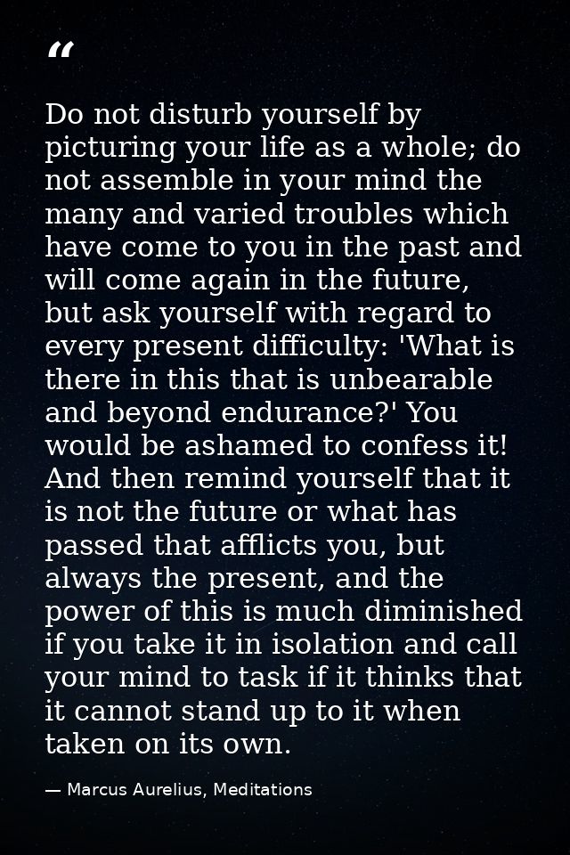 Do not disturb yourself by picturing your life as a whole; do not assemble in your mind the many and varied troubles whi — Marcus Aurelius, Meditations
