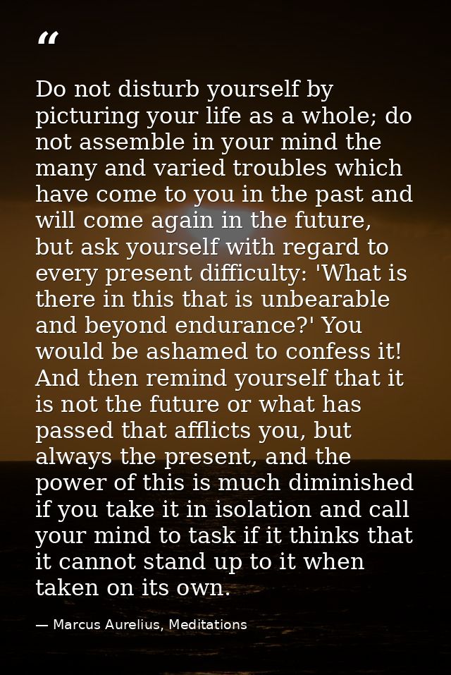 Do not disturb yourself by picturing your life as a whole; do not assemble in your mind the many and varied troubles whi — Marcus Aurelius, Meditations