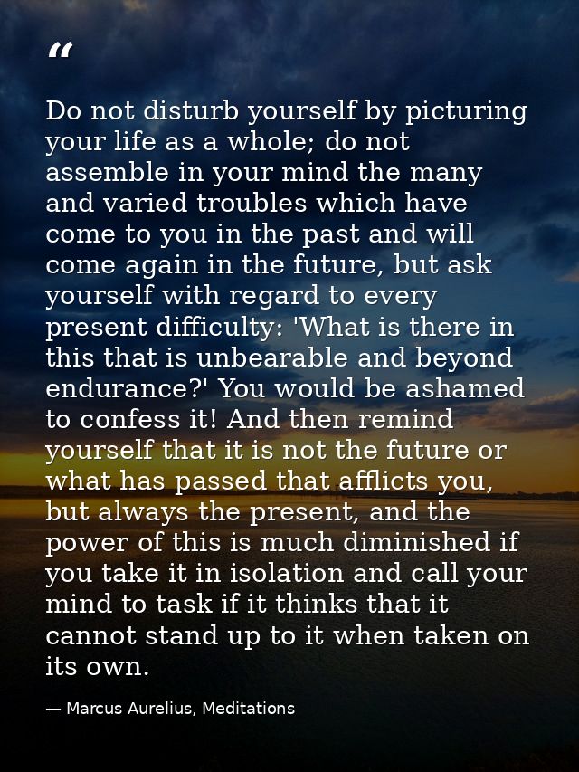 Do not disturb yourself by picturing your life as a whole; do not assemble in your mind the many and varied troubles whi — Marcus Aurelius, Meditations