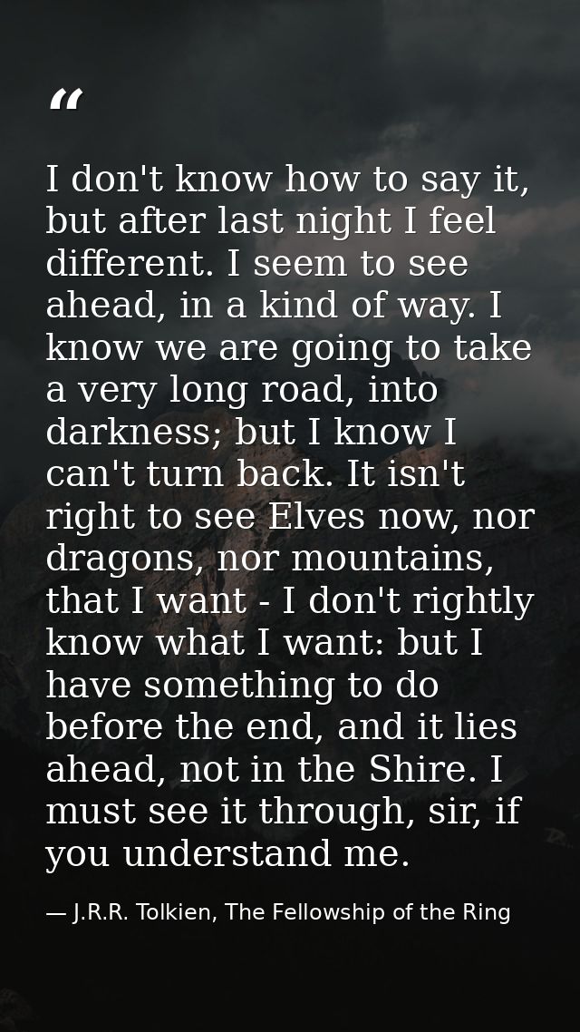 I don't know how to say it, but after last night I feel different. I seem to see ahead, in a kind of way. I know we are  — J.R.R. Tolkien, The Fellowship of the Ring