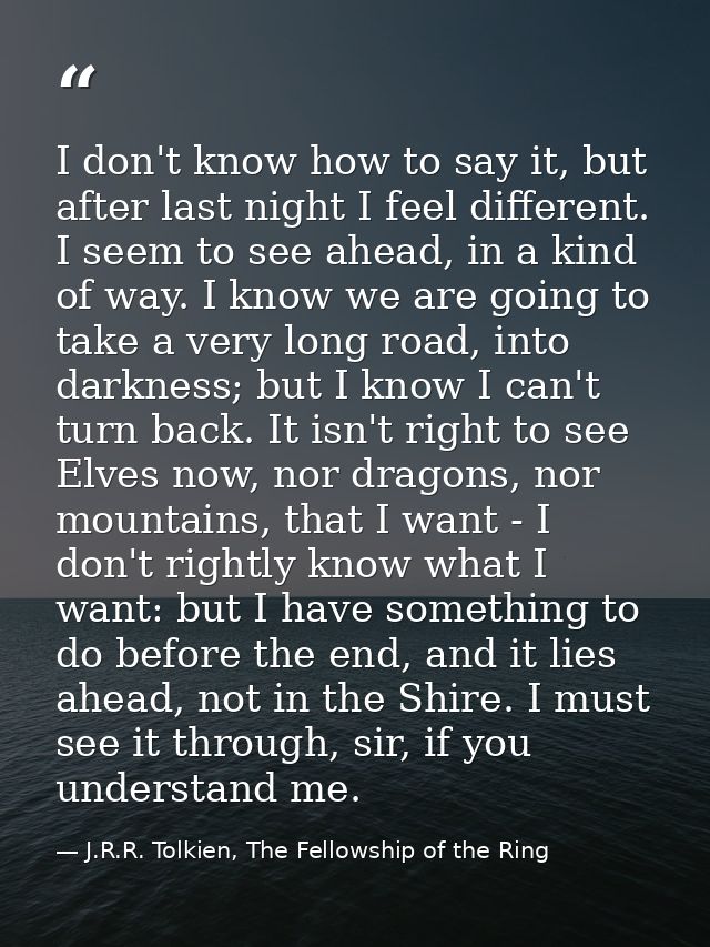 I don't know how to say it, but after last night I feel different. I seem to see ahead, in a kind of way. I know we are  — J.R.R. Tolkien, The Fellowship of the Ring