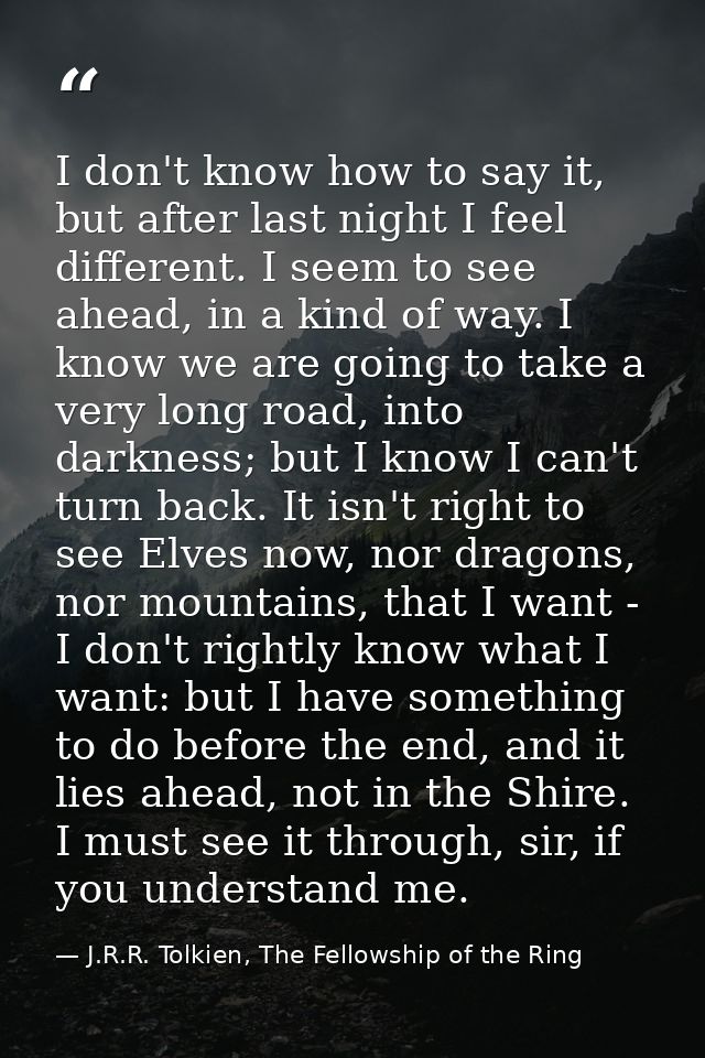 I don't know how to say it, but after last night I feel different. I seem to see ahead, in a kind of way. I know we are  — J.R.R. Tolkien, The Fellowship of the Ring