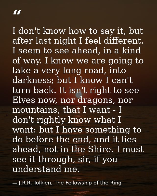 I don't know how to say it, but after last night I feel different. I seem to see ahead, in a kind of way. I know we are  — J.R.R. Tolkien, The Fellowship of the Ring