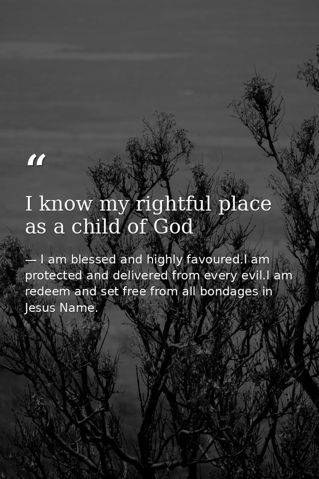 I know my rightful place as a child of God — I am blessed and highly favoured.I am protected and delivered from every evil.I am redeem and set free from all bondages in Jesus Name.
