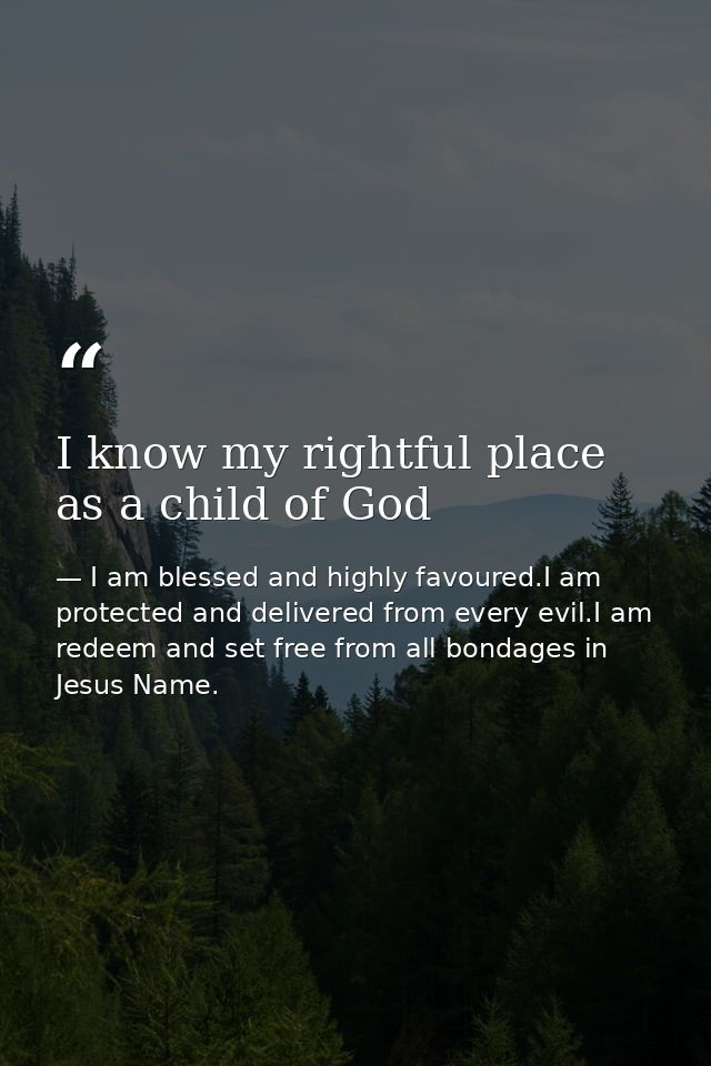I know my rightful place as a child of God — I am blessed and highly favoured.I am protected and delivered from every evil.I am redeem and set free from all bondages in Jesus Name.