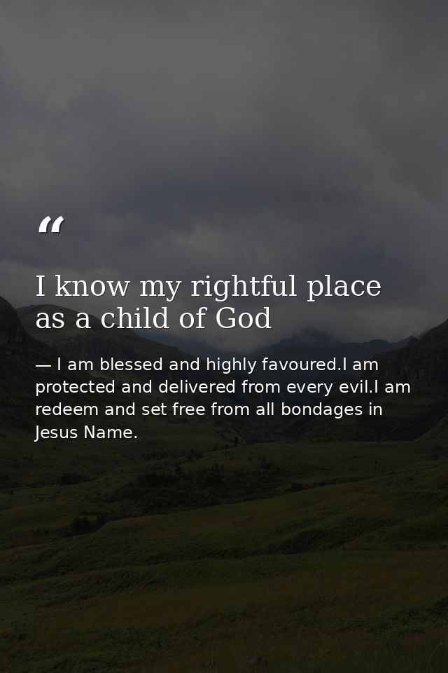 I know my rightful place as a child of God — I am blessed and highly favoured.I am protected and delivered from every evil.I am redeem and set free from all bondages in Jesus Name.