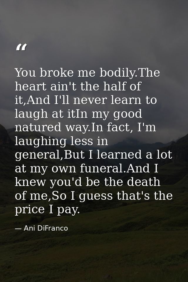 You broke me bodily.The heart ain't the half of it,And I'll never learn to laugh at itIn my good natured way.In fact, I' — Ani DiFranco