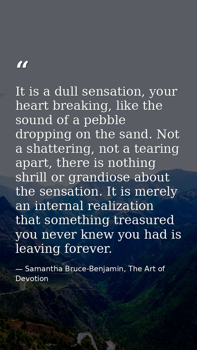 It is a dull sensation, your heart breaking, like the sound of a pebble dropping on the sand. Not a shattering, not a te — Samantha Bruce-Benjamin, The Art of Devotion