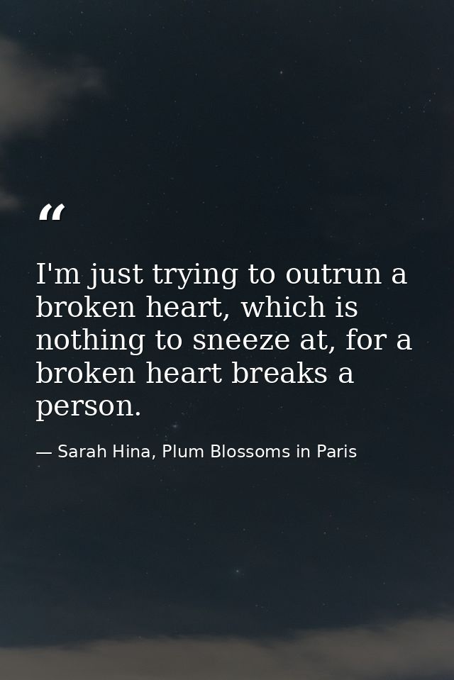 I'm just trying to outrun a broken heart, which is nothing to sneeze at, for a broken heart breaks a person. — Sarah Hina, Plum Blossoms in Paris