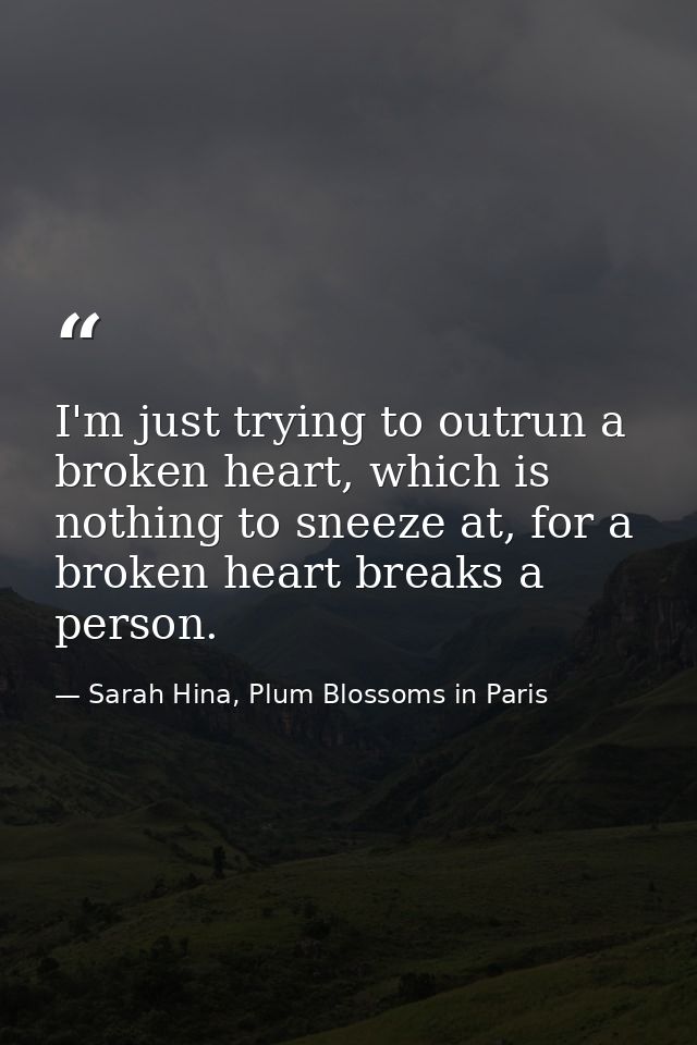 I'm just trying to outrun a broken heart, which is nothing to sneeze at, for a broken heart breaks a person. — Sarah Hina, Plum Blossoms in Paris
