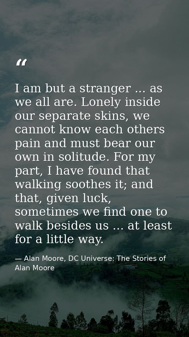 I am but a stranger ... as we all are. Lonely inside our separate skins, we cannot know each others pain and must bear o — Alan Moore, DC Universe: The Stories of Alan Moore