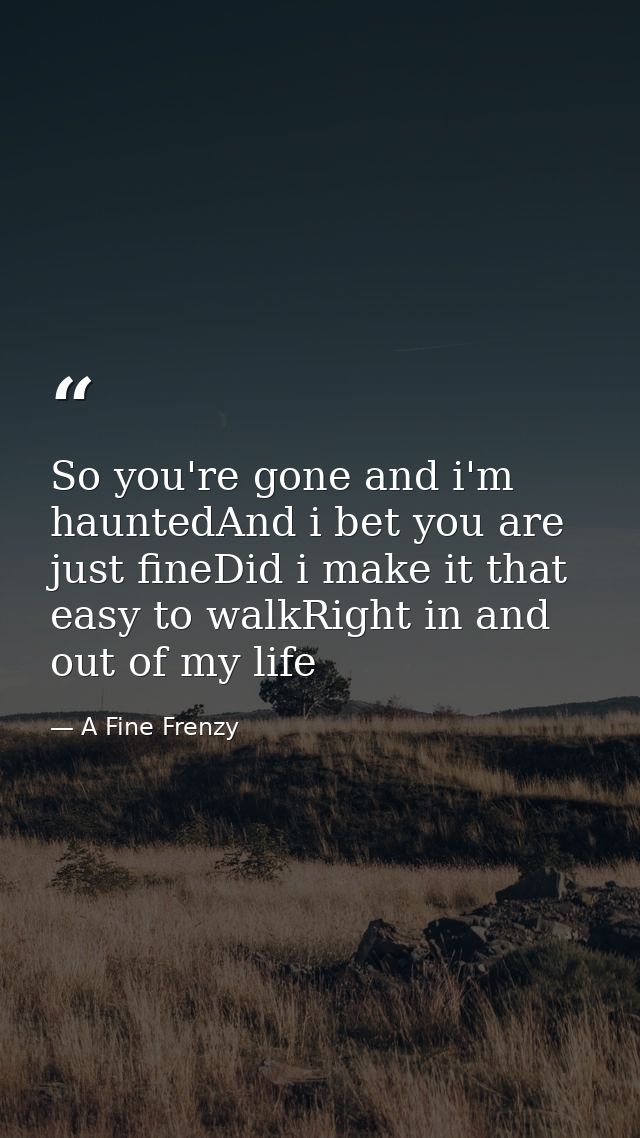 So you're gone and i'm hauntedAnd i bet you are just fineDid i make it that easy to walkRight in and out of my life — A Fine Frenzy