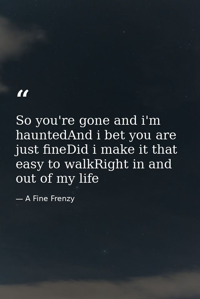 So you're gone and i'm hauntedAnd i bet you are just fineDid i make it that easy to walkRight in and out of my life — A Fine Frenzy