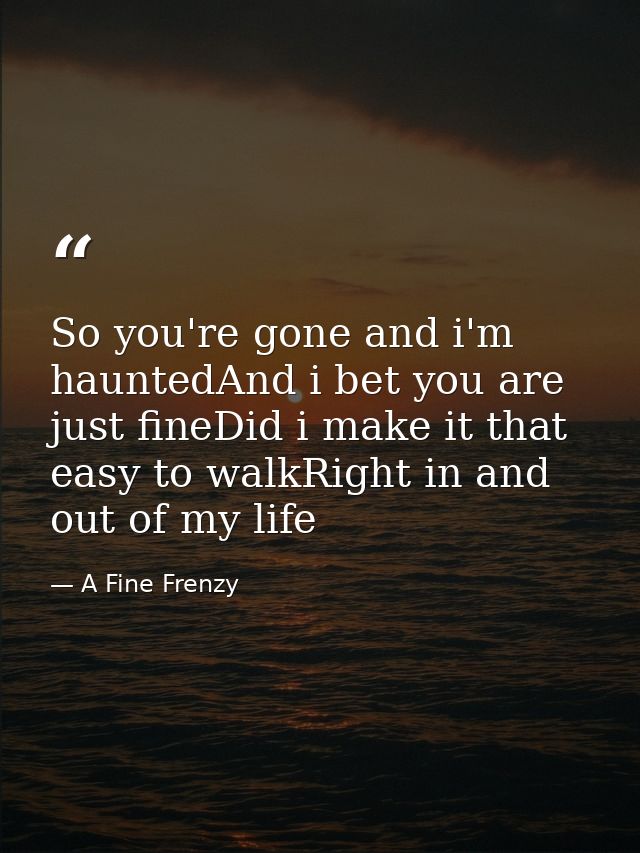 So you're gone and i'm hauntedAnd i bet you are just fineDid i make it that easy to walkRight in and out of my life — A Fine Frenzy