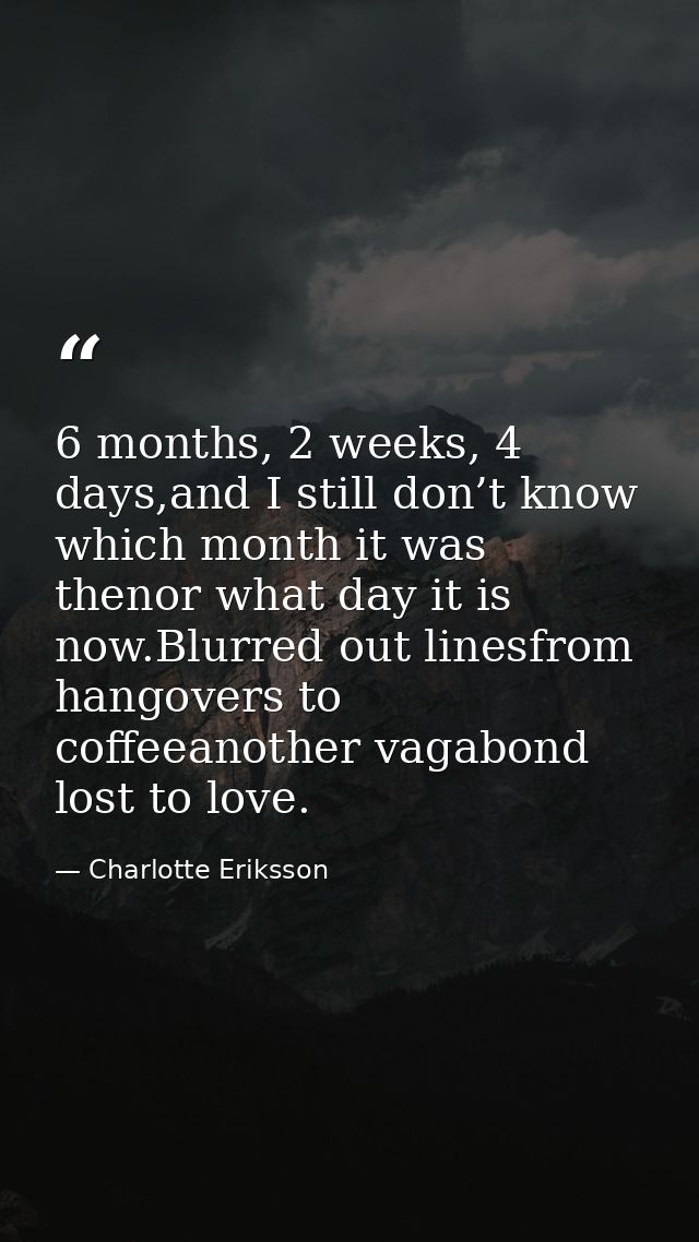 6 months, 2 weeks, 4 days,and I still don’t know which month it was thenor what day it is now.Blurred out linesfrom hang — Charlotte Eriksson