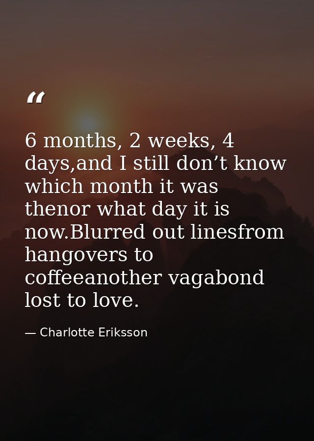 6 months, 2 weeks, 4 days,and I still don’t know which month it was thenor what day it is now.Blurred out linesfrom hang — Charlotte Eriksson